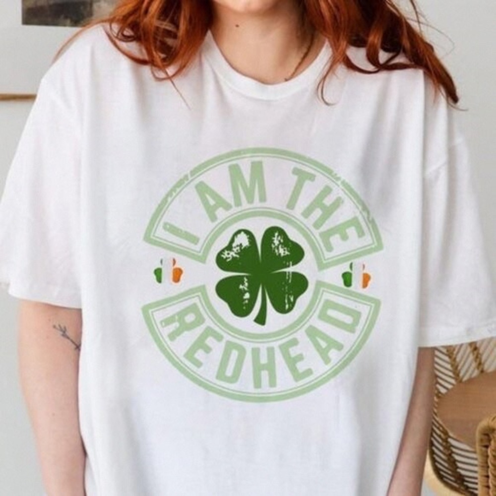 White T-Shirt with Green Shamrock Print